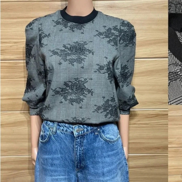 Zara Trafaluc Women's Houndstooth Floral Crew Neck Blouse Gray & Black s… - Picture 3 of 5